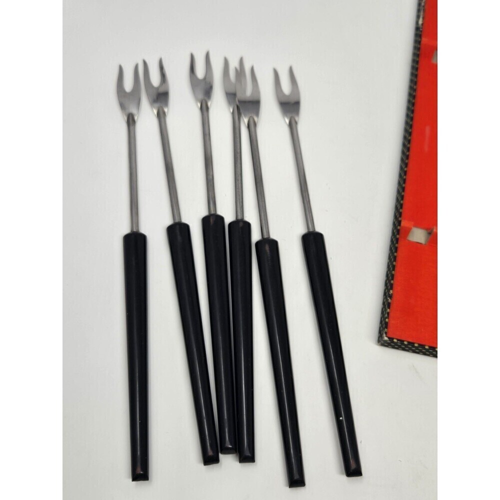 VINTAGE STAINLESS STEEL BLACK HANDLE FONDUE FORKS SET OF 6 WITH BOX FRANCE MCM - Picture 13 of 16